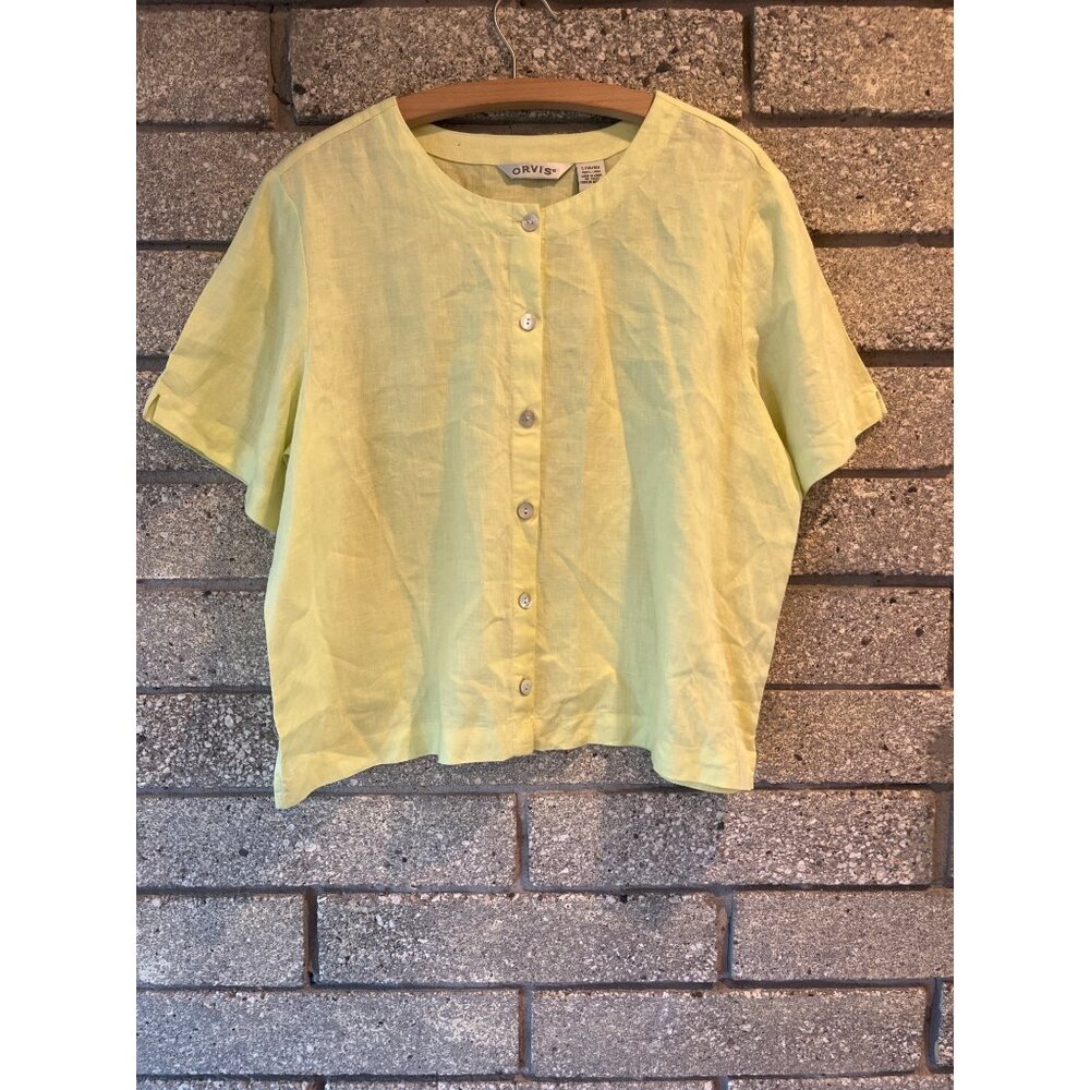 Orvis Womens Yellow Linen Button-Front Short-Sleeve Top L (14/16) Relaxed Fit